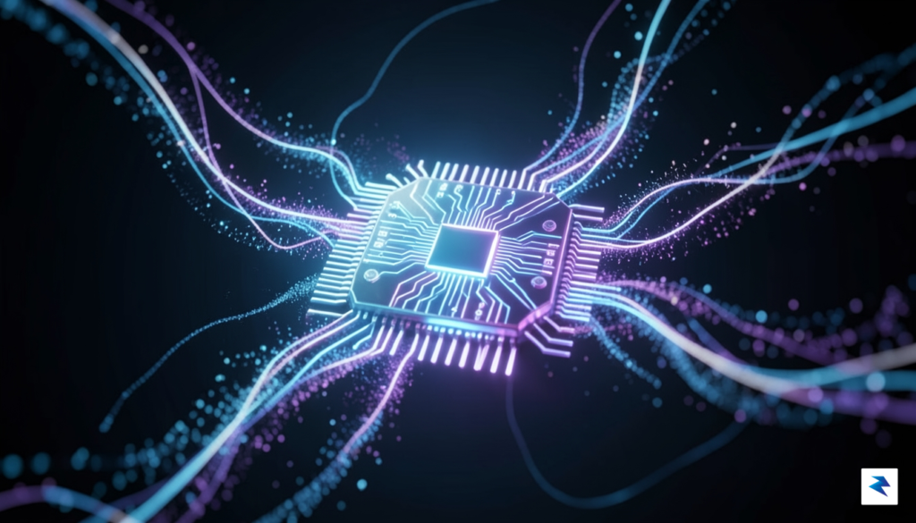 A stylized, futuristic depiction of an AI chip with intricate…