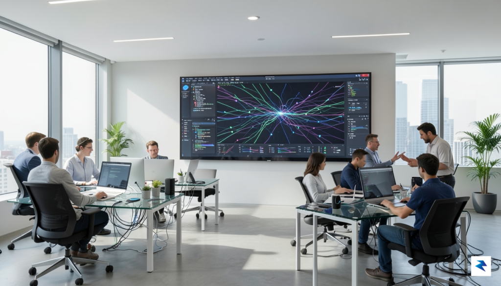 A modern, minimalist office space where a diverse team of&hellip;