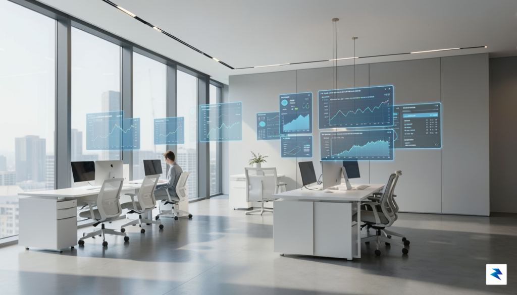 A sleek, modern office space with digital interfaces floating in&hellip;