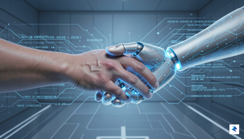 A conceptual digital art piece showing a human hand interlocking&hellip;