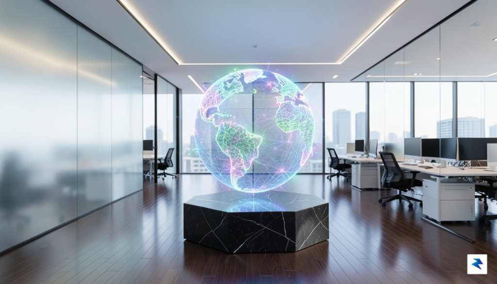 A modern, high-tech corporate office interior with a digital holographic…