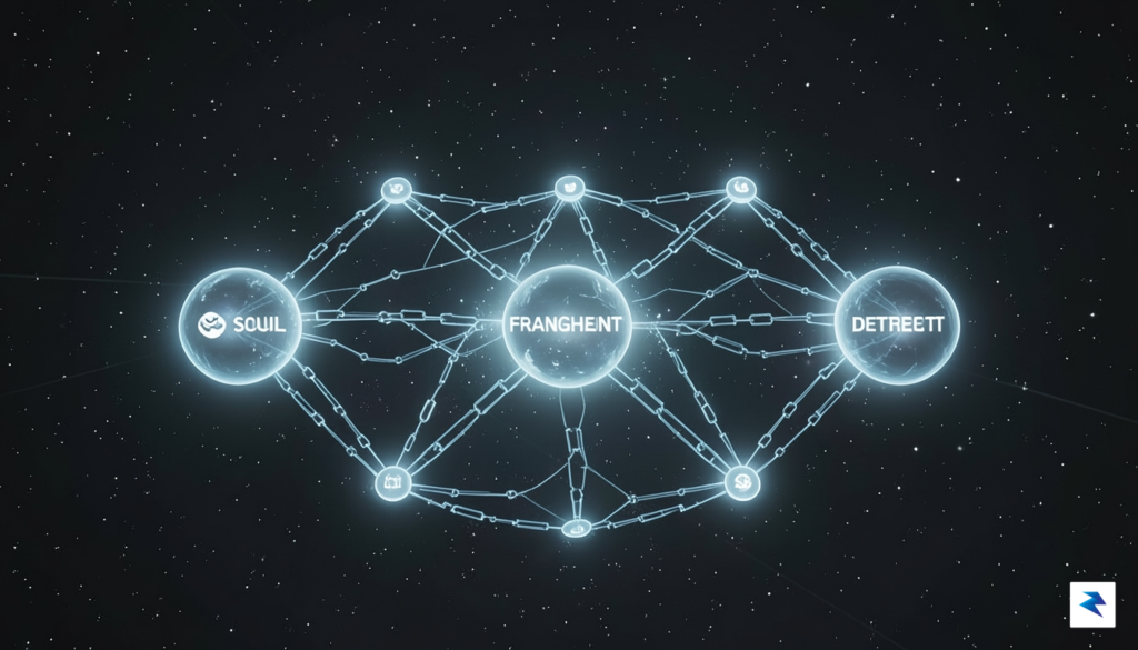A conceptual digital visualization of glowing global network nodes connected…