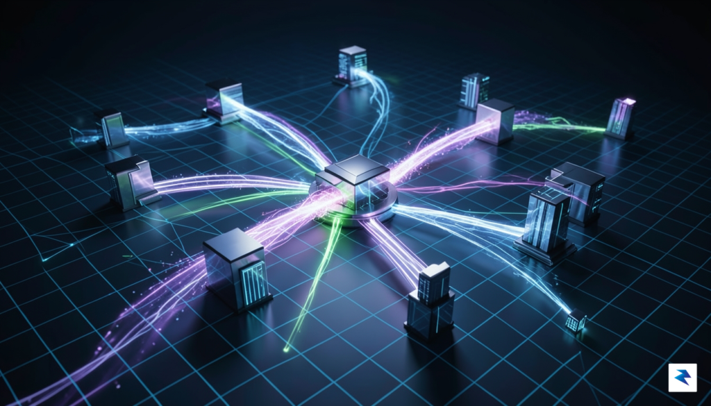 A sleek, high-tech digital visualization showing interconnected global nodes and…