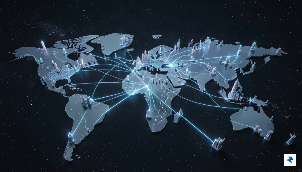 A digital 3D visualization of a global corporate network with…
