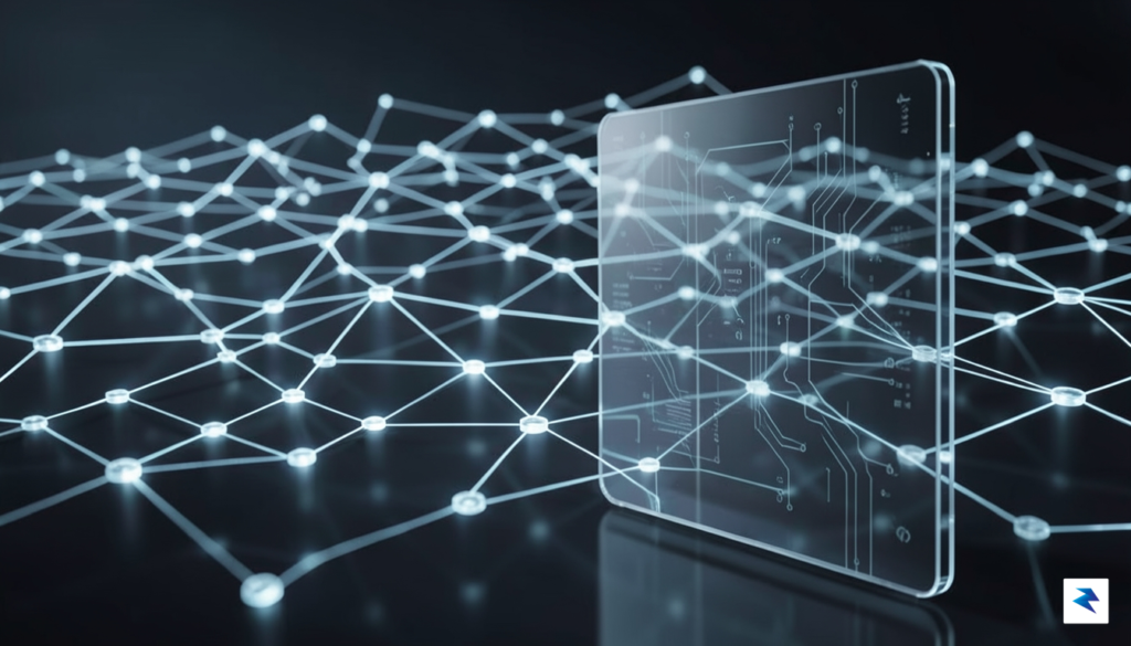 A conceptual digital illustration showing a complex, glowing network of…