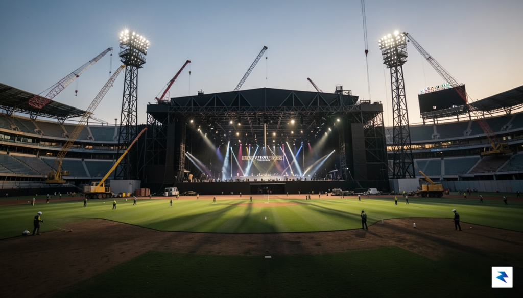 A wide-angle, cinematic shot of a massive, high-tech concert stage&hellip;