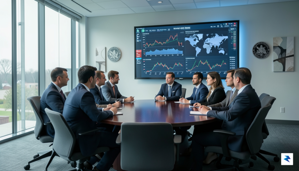 A conceptual, cinematic shot of a modern, glass-walled conference room&hellip;