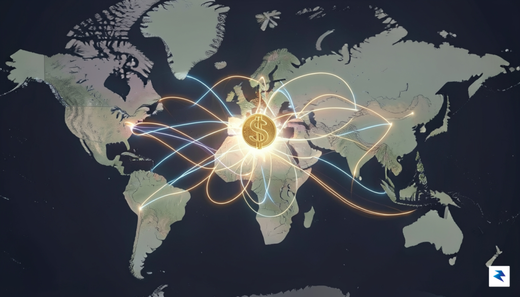 A digital visualization showing a network of interconnected global trade&hellip;