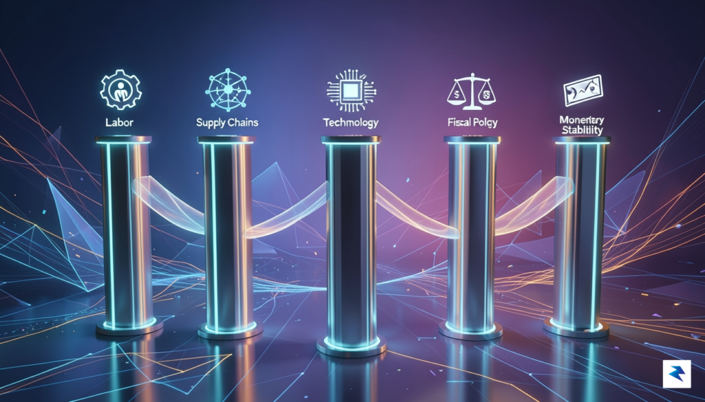 A professional, high-resolution graphic showing five interconnected pillars rising from&hellip;