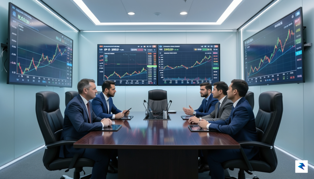 A modern, high-tech central bank boardroom featuring large digital displays&hellip;