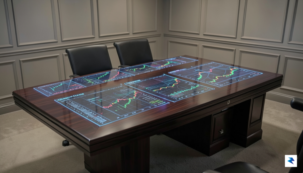 A modern, high-tech boardroom table inside the Federal Reserve, featuring&hellip;