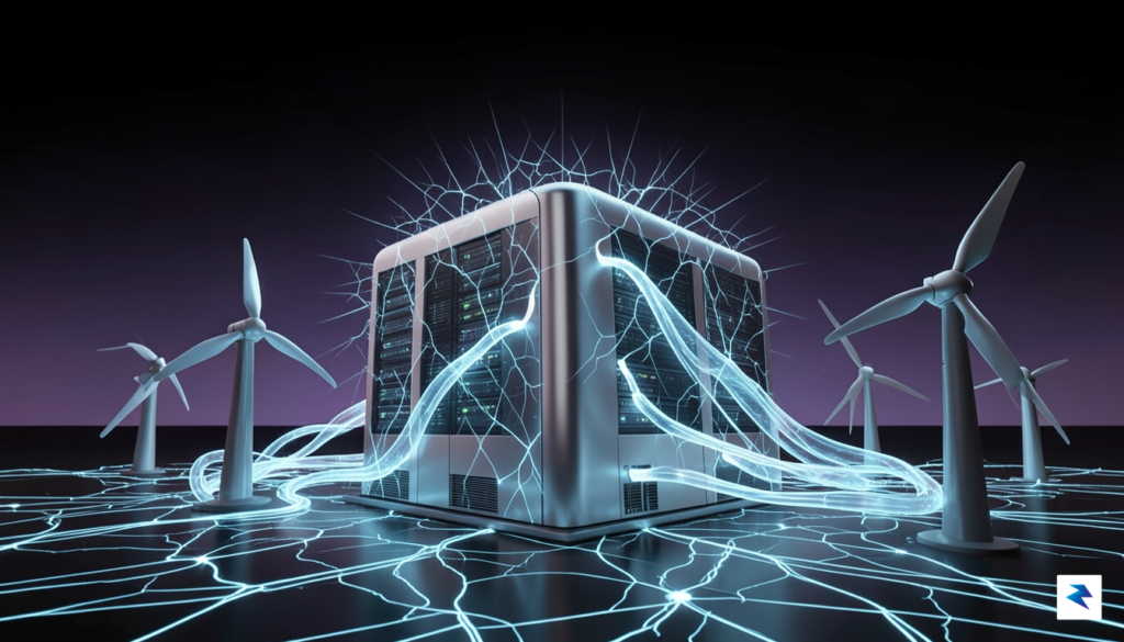 A conceptual digital illustration showing a futuristic data center connected…