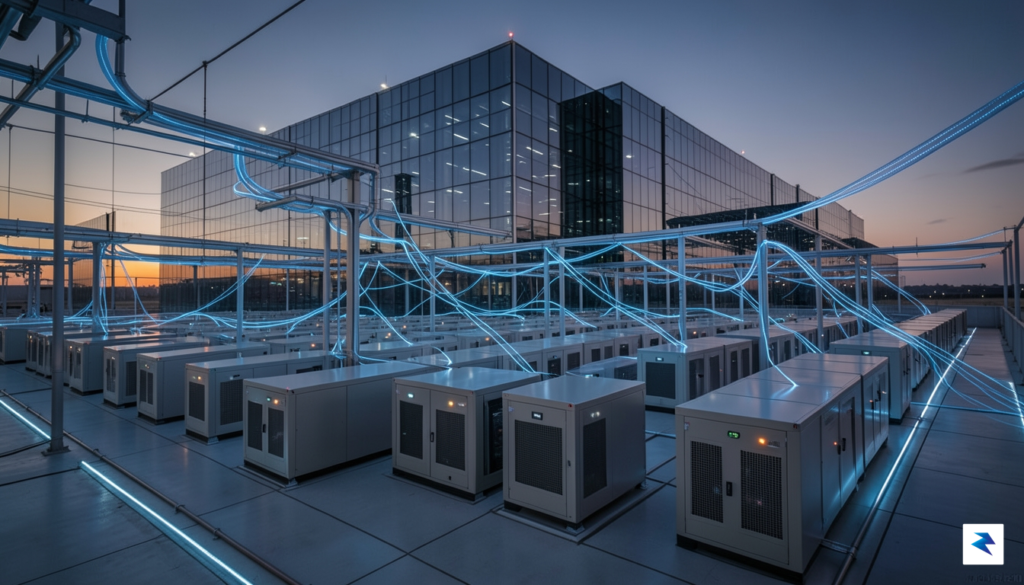 A wide-angle, cinematic shot of a vast, modern data center…