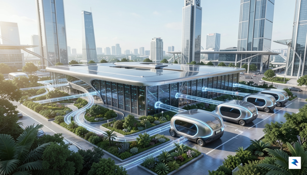 A wide-angle digital illustration showing a futuristic, high-tech AI data…