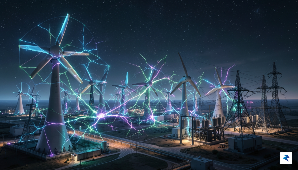 A conceptual digital illustration showing a futuristic, glowing neural network…