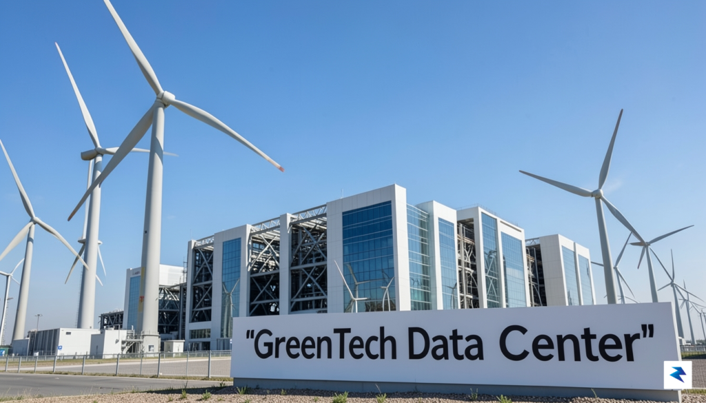 A modern, high-tech data center powered by industrial-scale turbines under…