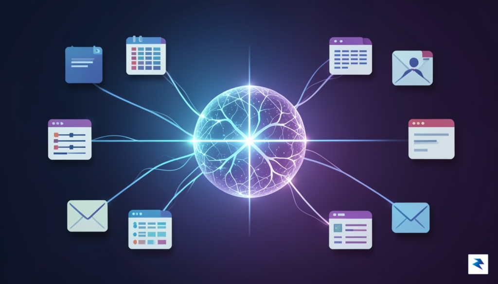 A conceptual digital visualization showing a central AI brain node&hellip;