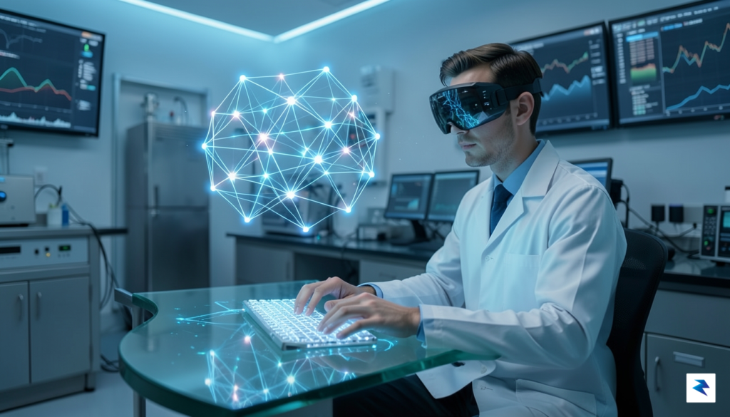 A sleek, modern laboratory setting blending human-computer interaction with glowing&hellip;