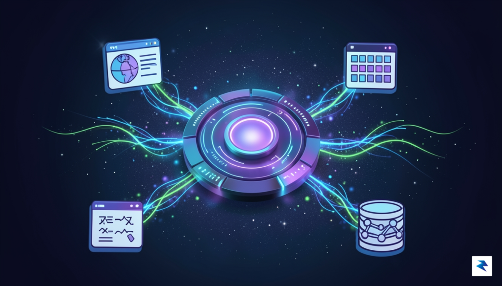 A conceptual digital visualization showing a central AI hub connecting&hellip;