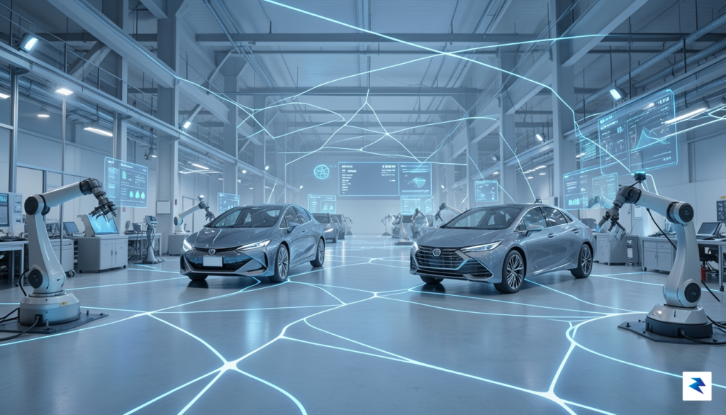 A conceptual digital visualization showing a high-tech Japanese factory floor…