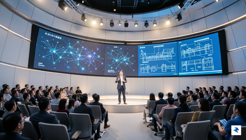 A wide-angle, cinematic shot of Jensen Huang speaking at a…