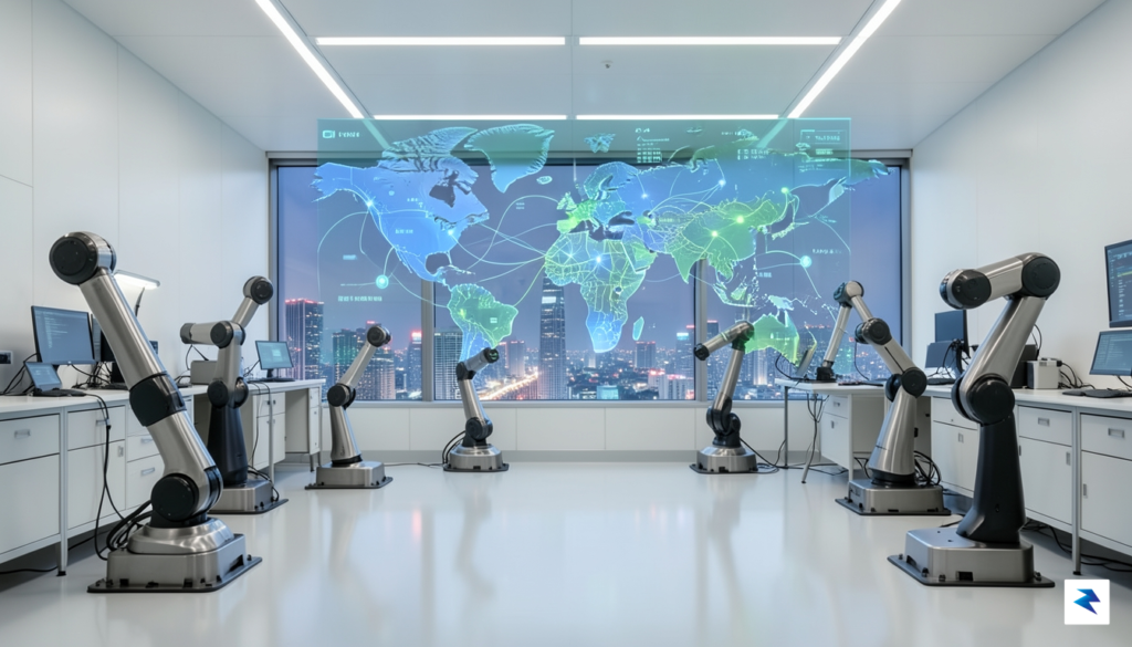 A high-tech laboratory environment in Japan featuring sophisticated robotic arms…