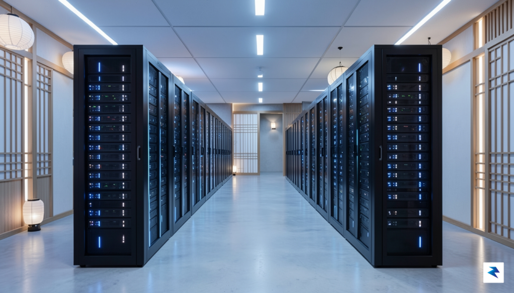 A modern, high-tech data center interior with rows of glowing…
