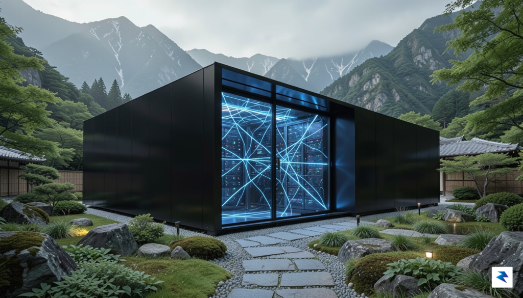 A modern, high-tech data center in a mountainous Japanese landscape,…