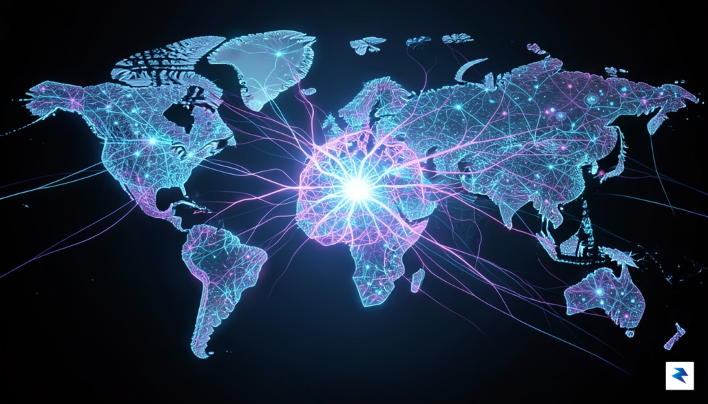 A conceptual digital illustration showing a complex, glowing neural network&hellip;