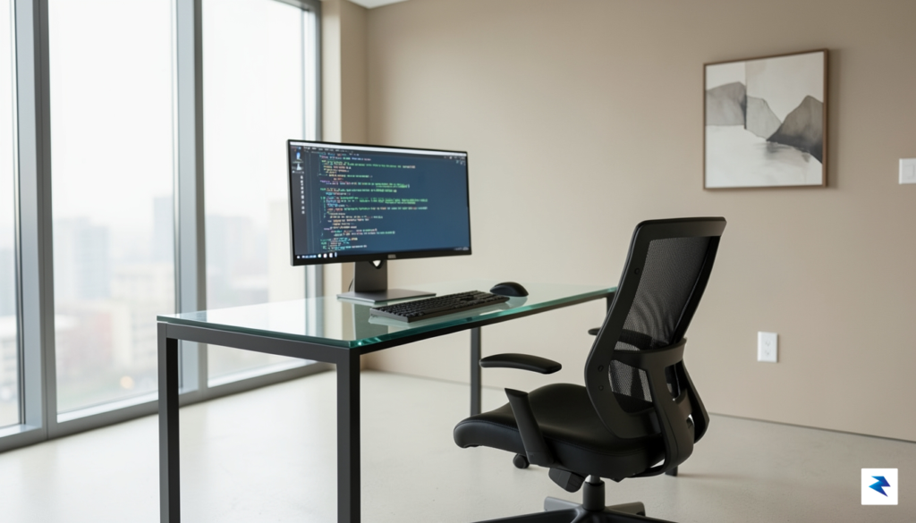 A modern, minimalist office workspace with blurred digital code overlays&hellip;
