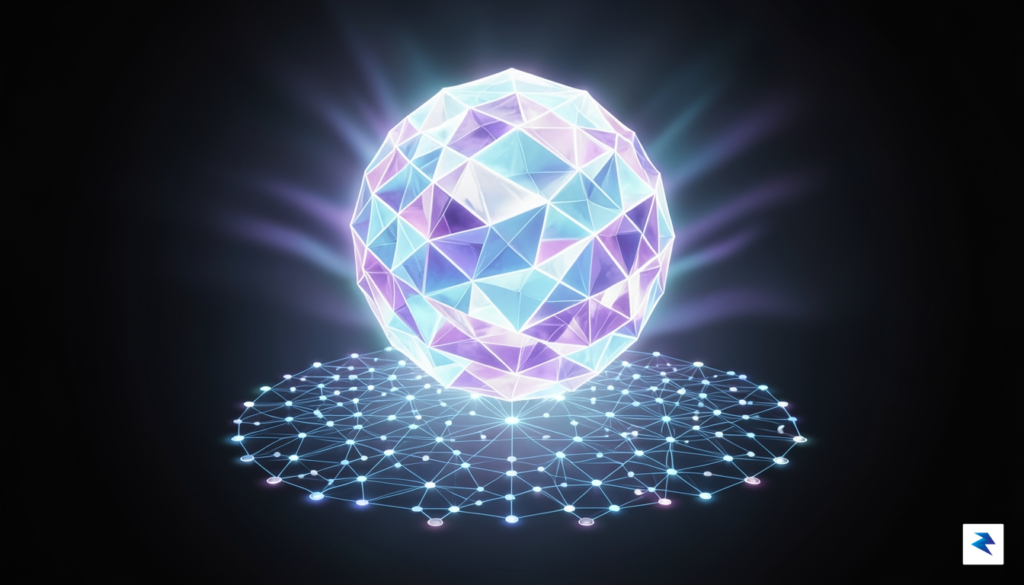 A conceptual digital artwork showing a glowing, multi-layered geometric sphere&hellip;