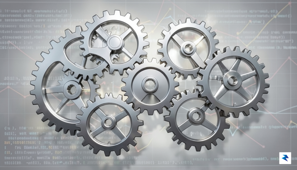 An abstract illustration showing interlocking gears representing wealth, technology, and&hellip;