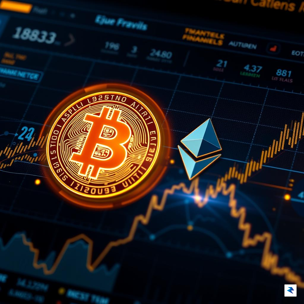 A sleek, modern digital graphic showing glowing Bitcoin and Ethereum&hellip;