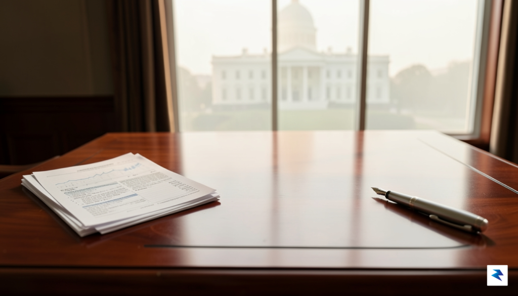 A professional, high-angle photograph of a polished mahogany executive desk&hellip;