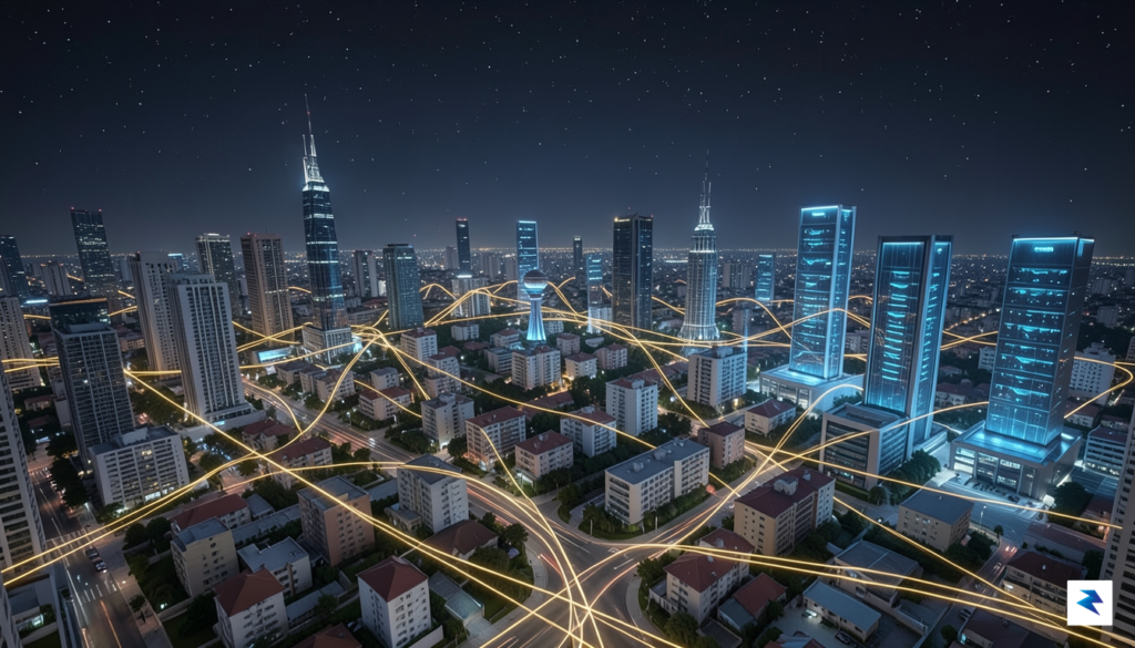 A wide-angle digital illustration showing a sprawling real estate portfolio&hellip;