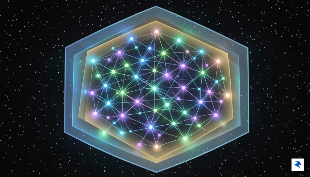 A digital illustration showing a complex, glowing network of digital&hellip;