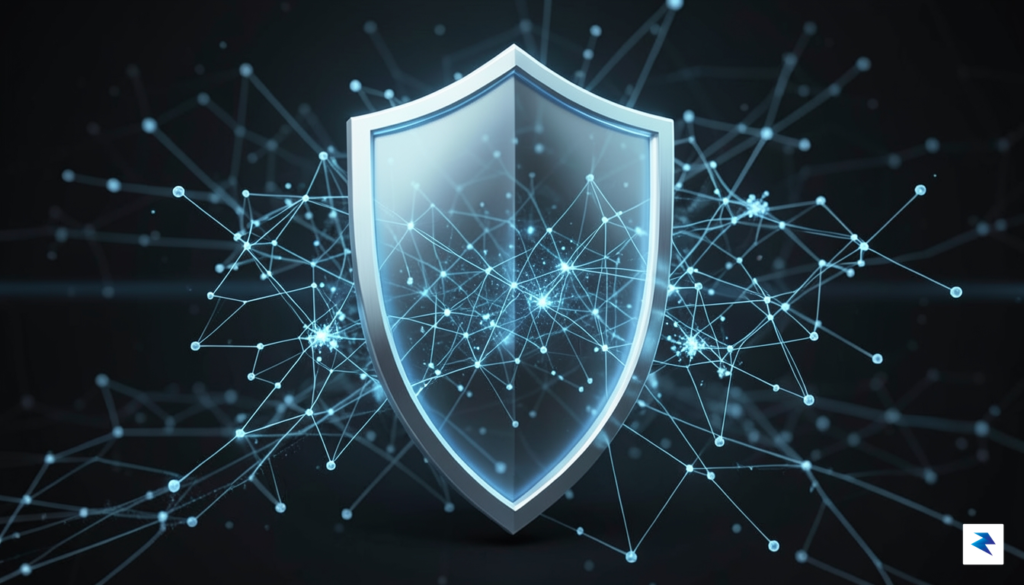 A conceptual digital visualization showing a glowing, transparent shield overlaying…
