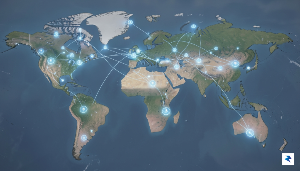 A conceptual digital landscape showing a glowing network of interconnected…