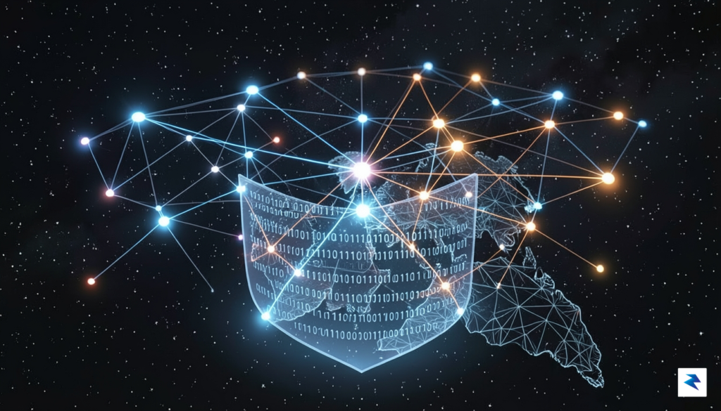 A conceptual digital visualization showing a network of glowing nodes…
