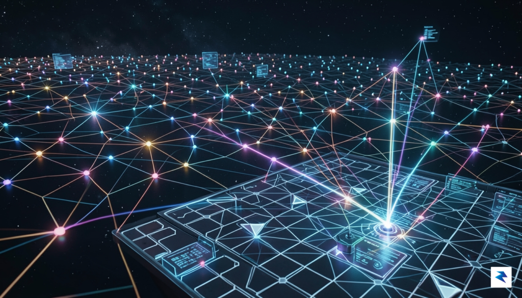 A conceptual digital landscape showing glowing, interconnected nodes of data…
