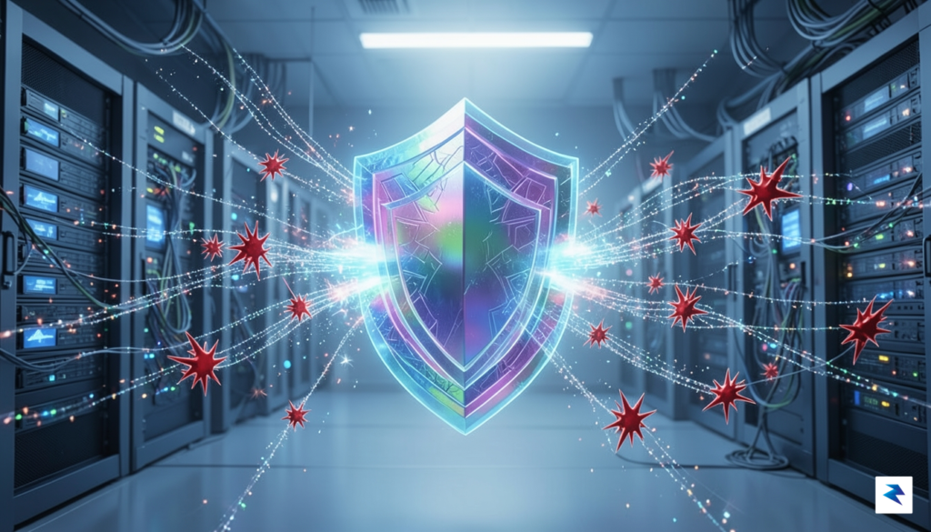 A conceptual digital visualization showing a glowing, multi-layered cyber security…