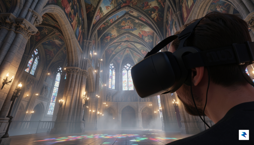 A first-person perspective view of a user wearing a VR…