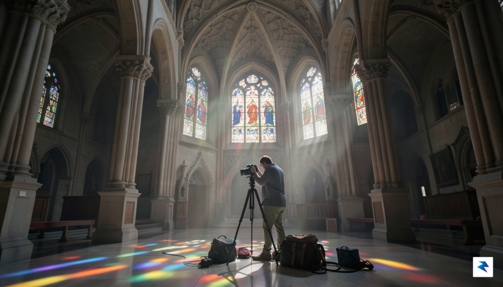 A wide-angle view showing a professional photographer using a high-resolution…