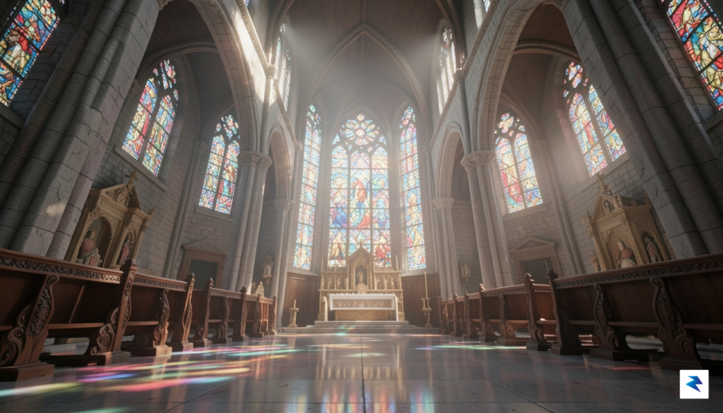 A first-person perspective view inside a photorealistic digital 3D model…