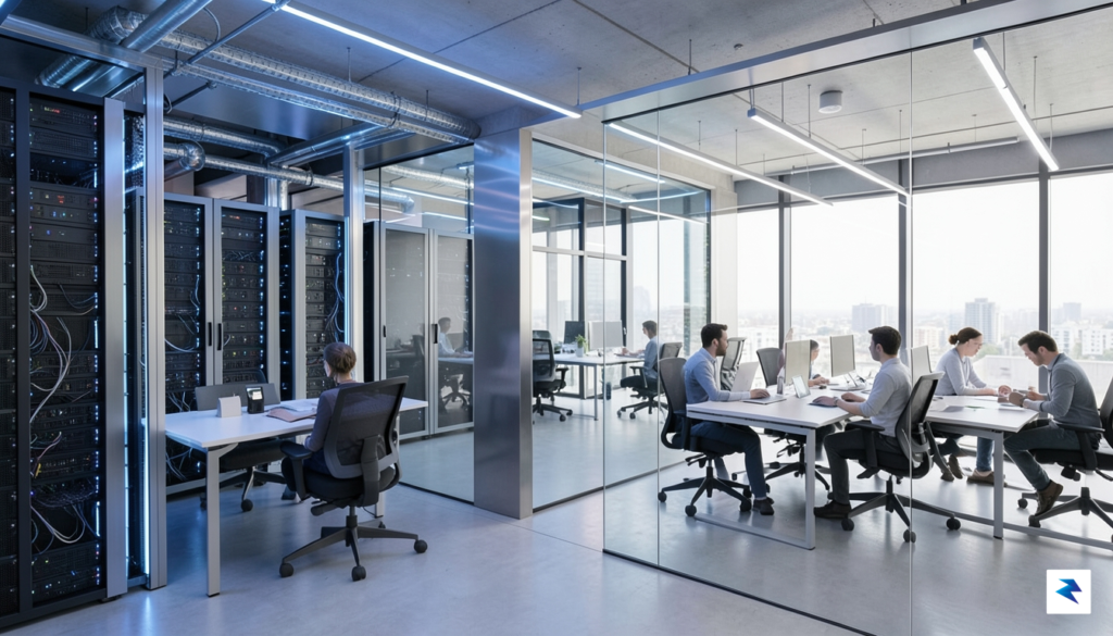 A modern, minimalist office space blending high-tech server aesthetics with&hellip;