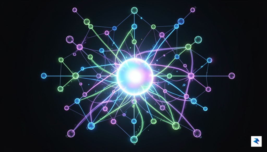 A conceptual digital illustration showing a decentralized network of interconnected&hellip;