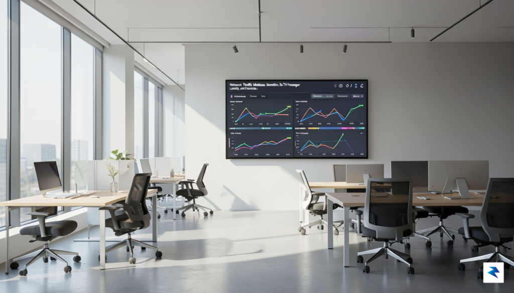 A modern, minimalist office space featuring a clean digital dashboard&hellip;