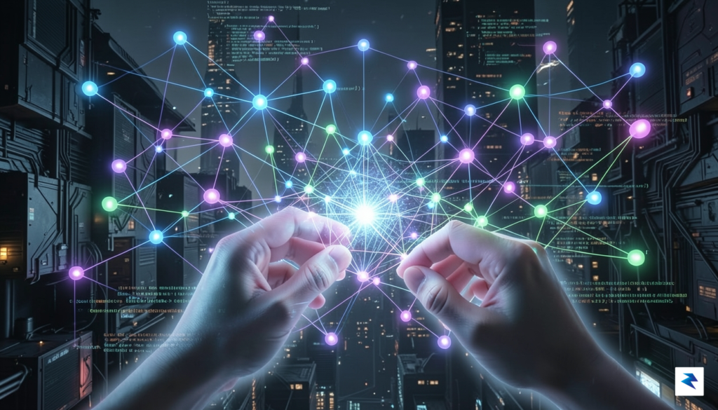 A conceptual digital illustration showing a complex, interconnected network of&hellip;