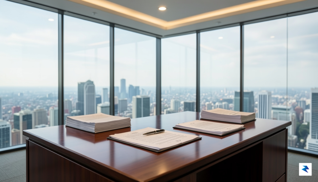 A sleek, modern office setting with glass walls overlooking a…