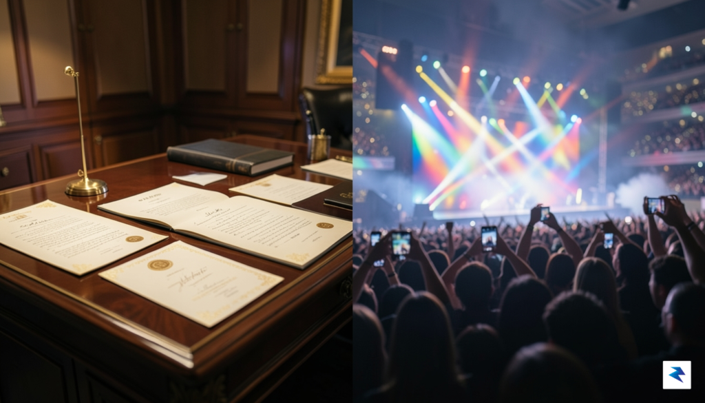 A cinematic, split-screen composition featuring a high-end law office desk…